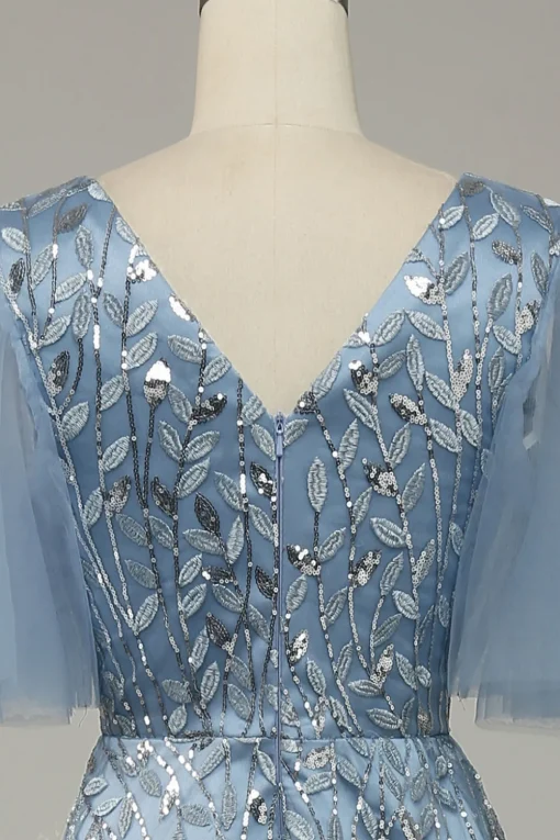 Grey Blue Tulle Embroidered A Line Prom Dress