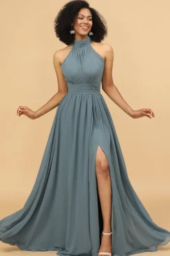 Grey Halter Ruched Long Chiffon Bridesmaid Dress with Slit