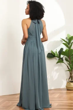 Grey Halter Ruched Long Chiffon Bridesmaid Dress with Slit