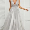 Grey Open Back Long Prom Dress with Appliques
