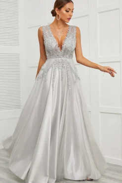 Grey Open Back Long Prom Dress with Appliques