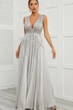 Grey Open Back Long Prom Dress with Appliques