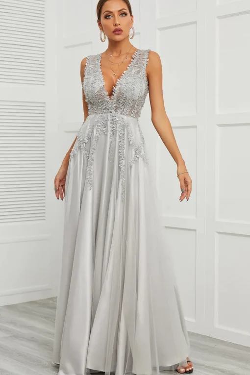 Grey Open Back Long Prom Dress with Appliques