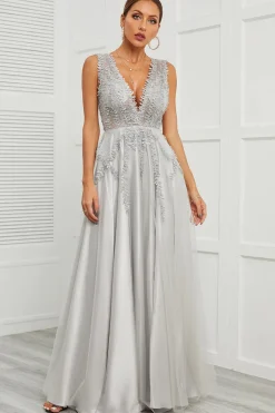 Grey Open Back Long Prom Dress with Appliques