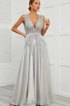 Grey Open Back Long Prom Dress with Appliques