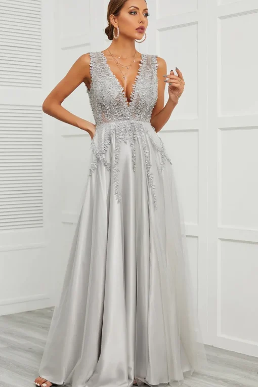 Grey Open Back Long Prom Dress with Appliques