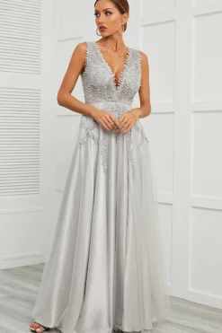 Grey Open Back Long Prom Dress with Appliques