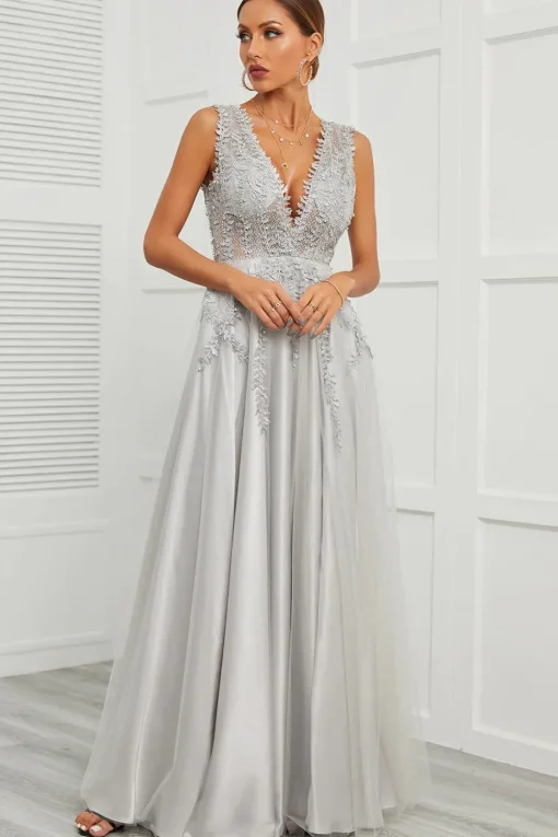 Grey Open Back Long Prom Dress with Appliques