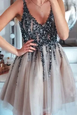 Grey Pink Sequins Graduation Dress with Beading