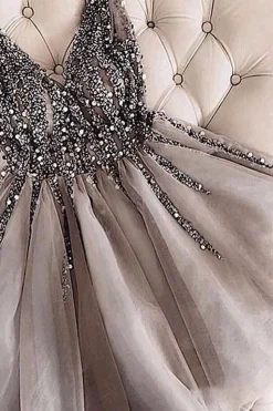 Grey Pink Sequins Graduation Dress with Beading