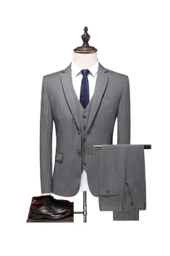 Grey Pinstripe Notched Lapel Men's 2 Pieces Suits