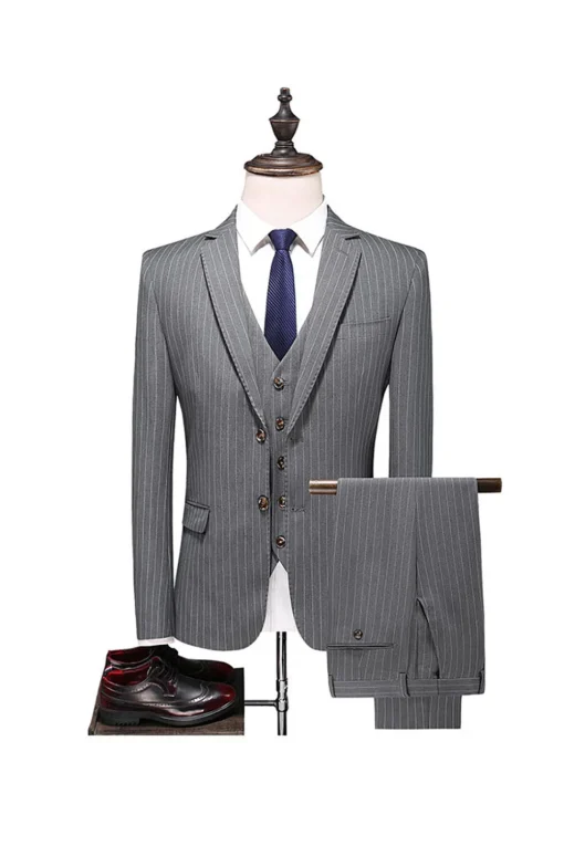 Grey Pinstripe Notched Lapel Men's 2 Pieces Suits