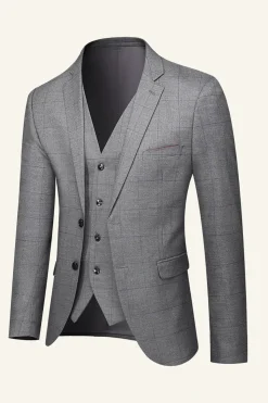Grey Plaid 3 Piece Notched Lapel Men's Wedding Suits