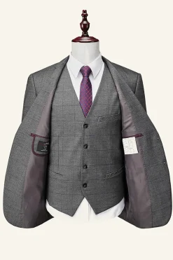 Grey Plaid 3 Piece Notched Lapel Men's Wedding Suits