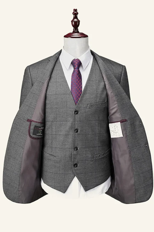 Grey Plaid 3 Piece Notched Lapel Men's Wedding Suits