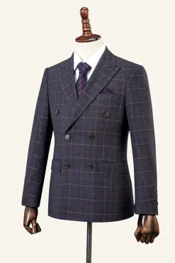 Grey Plaid Double-Breasted 2-Piece Men's Suit
