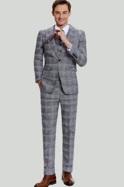 Grey Plaid Wide Peak Lapel 3 Piece Single Breasted Men's Suits