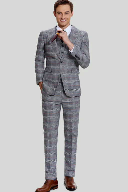 Grey Plaid Wide Peak Lapel 3 Piece Single Breasted Men's Suits