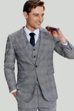 Grey Plaid Wide Peak Lapel 3 Piece Single Breasted Men's Suits