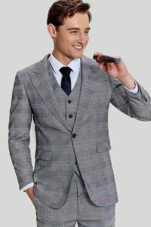 Grey Plaid Wide Peak Lapel 3 Piece Single Breasted Men's Suits