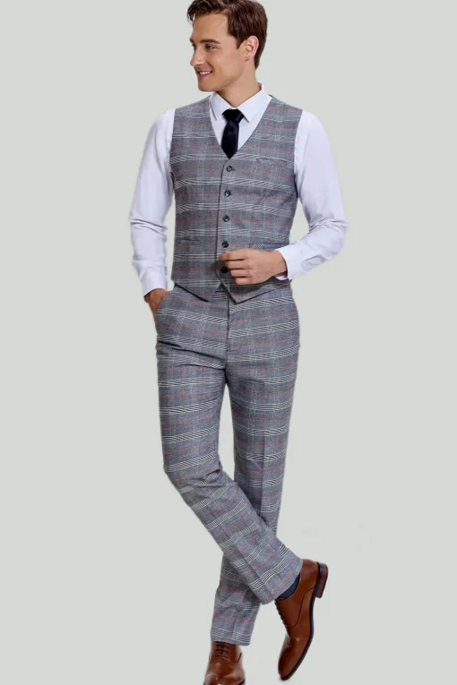Grey Plaid Wide Peak Lapel 3 Piece Single Breasted Men's Suits