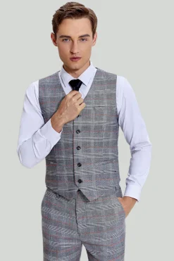 Grey Plaid Wide Peak Lapel 3 Piece Single Breasted Men's Suits