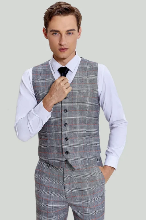 Grey Plaid Wide Peak Lapel 3 Piece Single Breasted Men's Suits