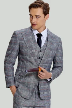 Grey Plaid Wide Peak Lapel 3 Piece Single Breasted Men's Suits