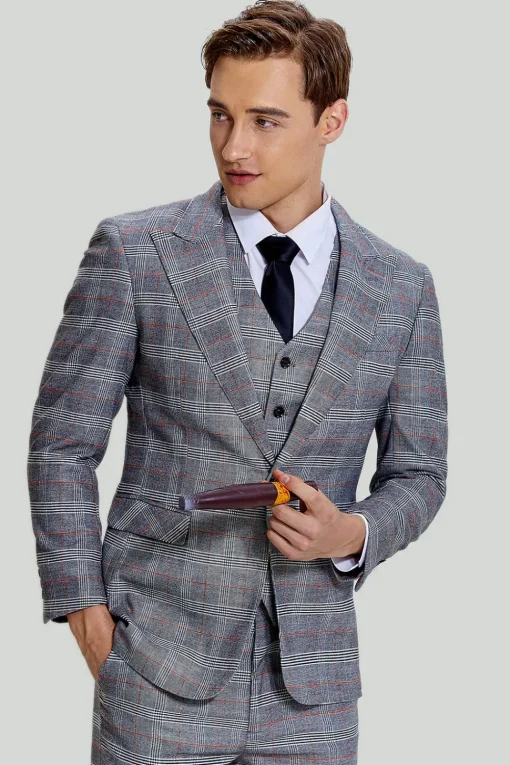 Grey Plaid Wide Peak Lapel 3 Piece Single Breasted Men's Suits