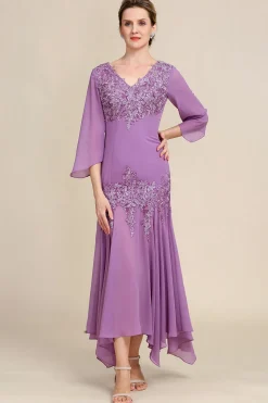 Grey Purple Mermaid Chiffon Mother of the Bride Dress with Lace