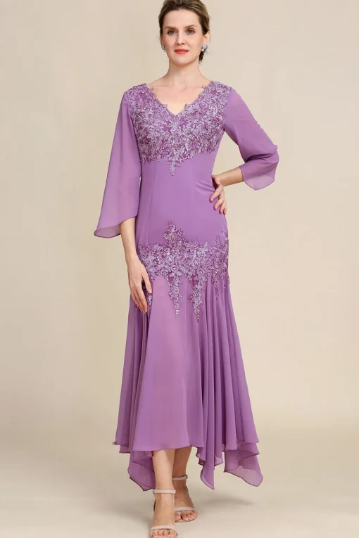 Grey Purple Mermaid Chiffon Mother of the Bride Dress with Lace