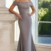 Grey Sheath Off the Shoulder Satin Embroidered Mother of the Bride Dress