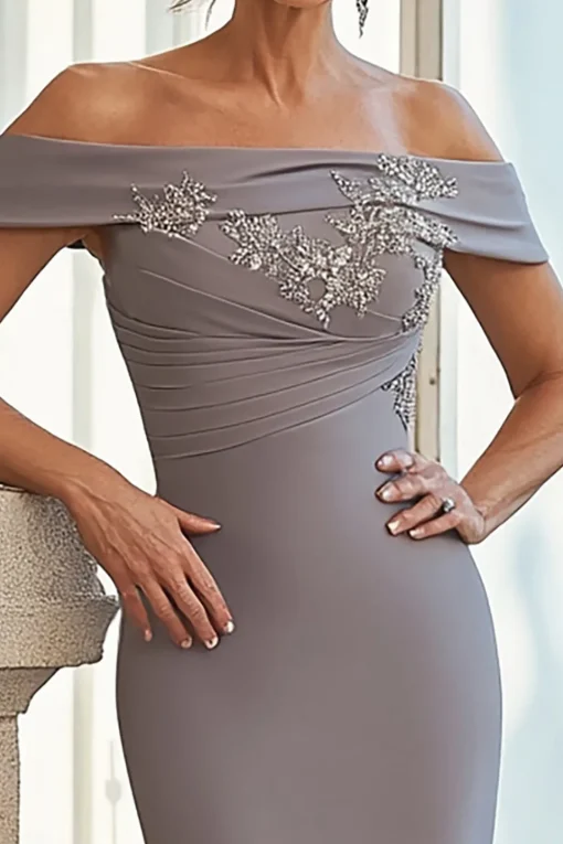 Grey Sheath Off the Shoulder Satin Embroidered Mother of the Bride Dress