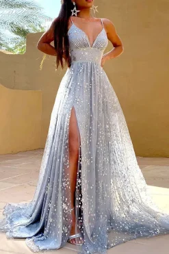 Grey Tulle A-line Prom Dress with Slit