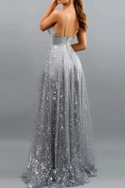 Grey Tulle A-line Prom Dress with Slit