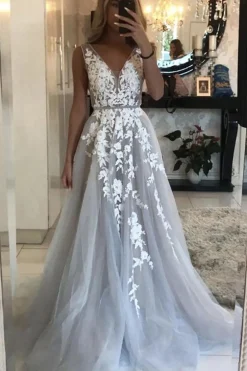 Grey Tulle A-Line V-Neck Wedding Dress with Appliques