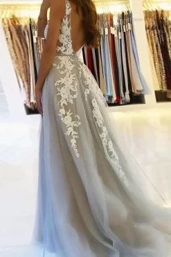 Grey Tulle A-Line V-Neck Wedding Dress with Appliques