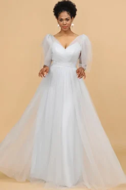 Grey Tulle V-Neck A-Line Bridesmaid Dress