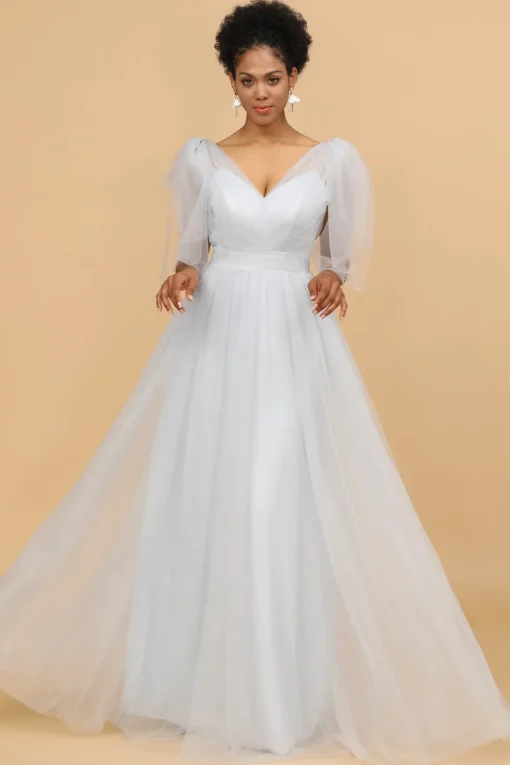 Grey Tulle V-Neck A-Line Bridesmaid Dress