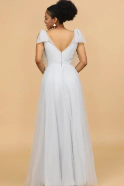 Grey Tulle V-Neck A-Line Bridesmaid Dress
