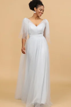 Grey Tulle V-Neck A-Line Bridesmaid Dress