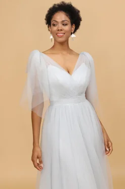 Grey Tulle V-Neck A-Line Bridesmaid Dress