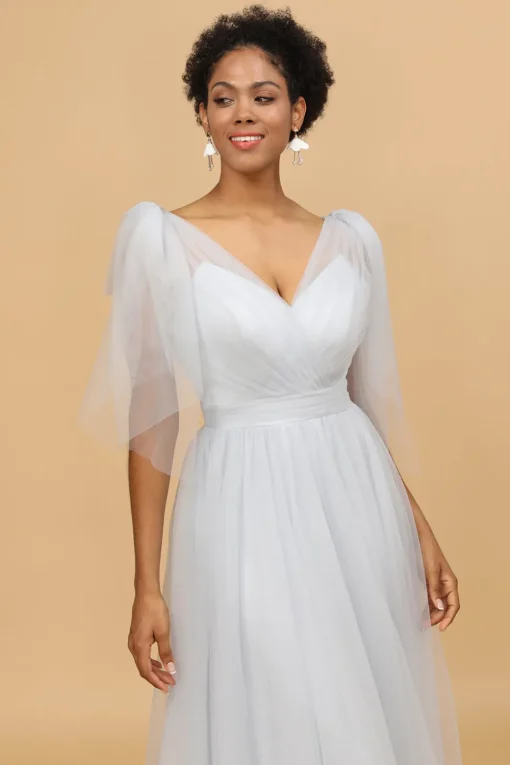 Grey Tulle V-Neck A-Line Bridesmaid Dress