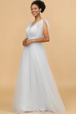 Grey Tulle V-Neck A-Line Bridesmaid Dress