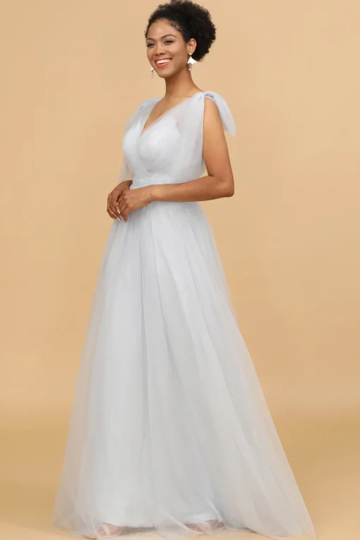 Grey Tulle V-Neck A-Line Bridesmaid Dress