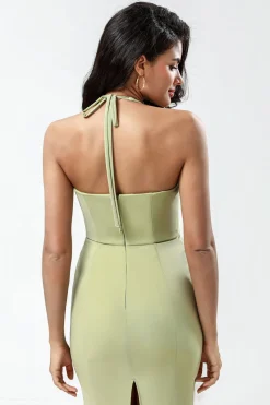 Halter Dusty Sage Bridesmaid Dress with Slit