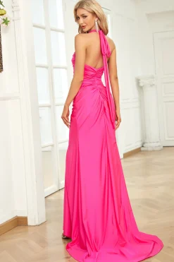 Halter Hot Pink Long Mermaid Prom Dress with Slit