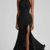 Halter Neck Ruffles Mermaid Black Tie Dress with Slit