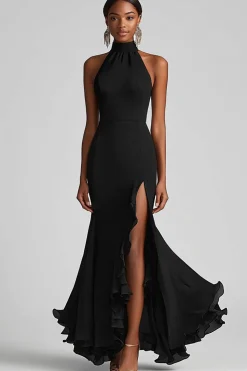 Halter Neck Ruffles Mermaid Black Tie Dress with Slit