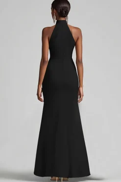 Halter Neck Ruffles Mermaid Black Tie Dress with Slit